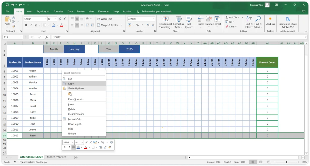 Excel Attendance Template Sheet